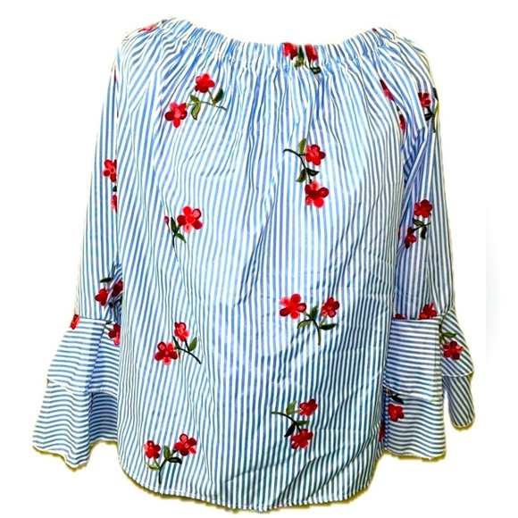 NWT Flores off the shoulder, blue & white striped embroidered top, 3X - Picture 1 of 7